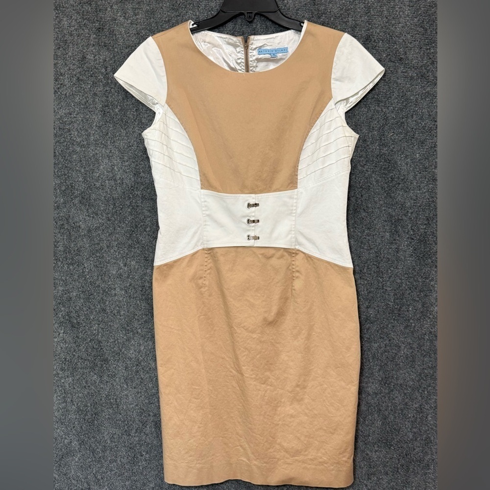 ANTONIO MELANI COLOR BLOCK SHEATH DRESS SIZE 10 BELTED WAIST CAREER BUSINESS